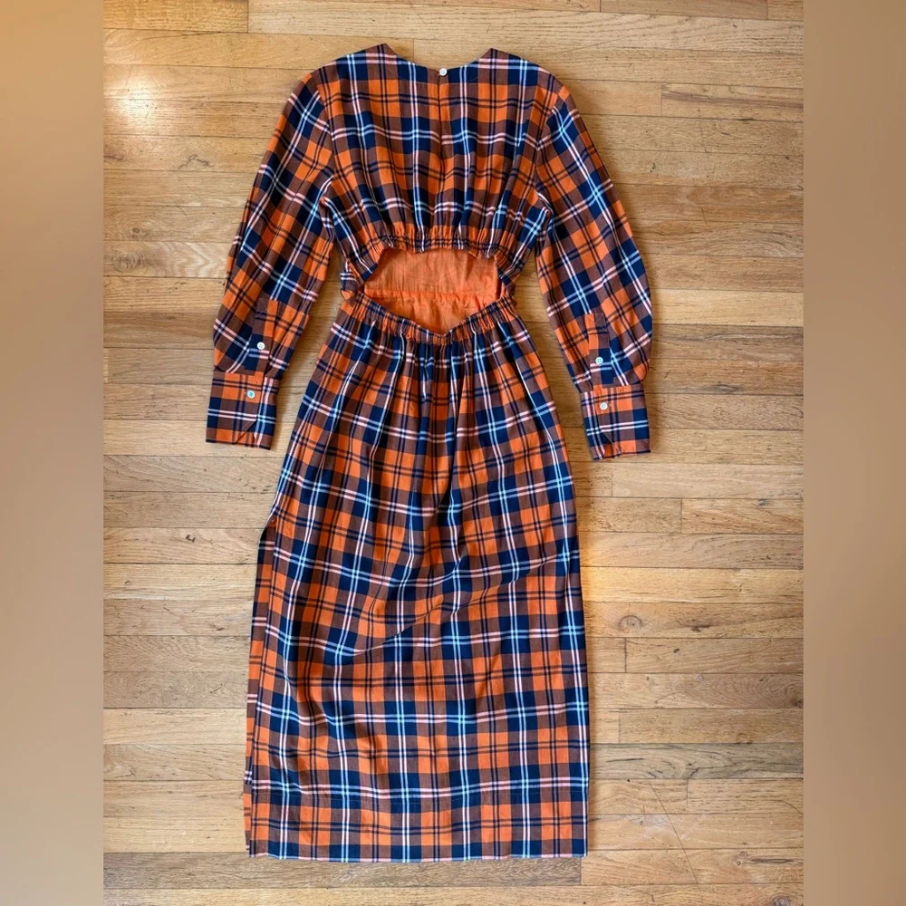 Staud Crosshill Dress in Poppy Plaid Orange Blue White - Picture 6 of 7